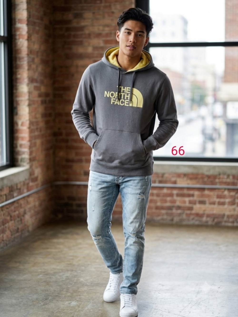 The North Face Men’s Pullover Hoodie Graphic Logo Fleece Cotton Gray/Yellow L